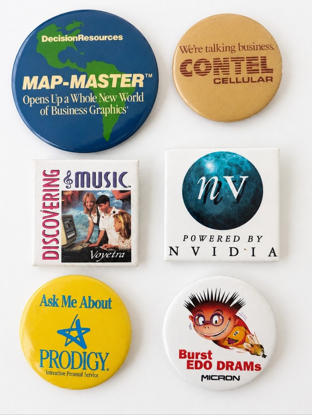 Vintage 1990s Tech & Software Promotional Pinback Button Lot of 6 NVIDIA Micron